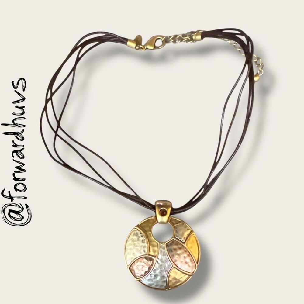 Chico’s Pendant Necklace – Gold Tone Sunburst Disc – Black Cord